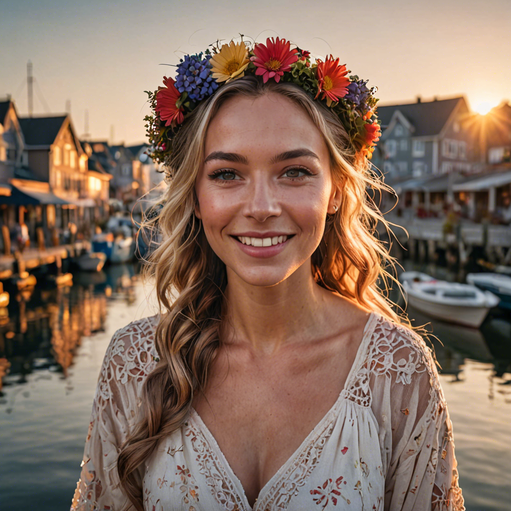 a joyful woman with flowers woven in her hair, standing in a harbor town at sunset, soft cinematic lighting, detailed — image 16