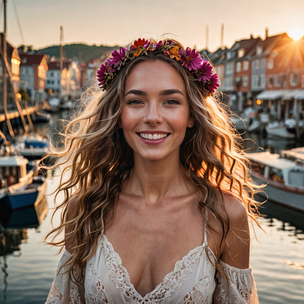 a joyful woman with flowers woven in her hair, standing in a harbor town at sunset, soft cinematic lighting, detailed — image 17