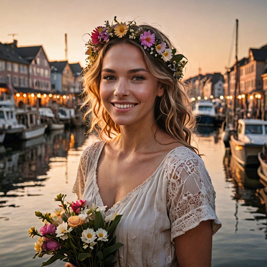 a joyful woman with flowers woven in her hair, standing in a harbor town at sunset, soft cinematic lighting, detailed — image 18
