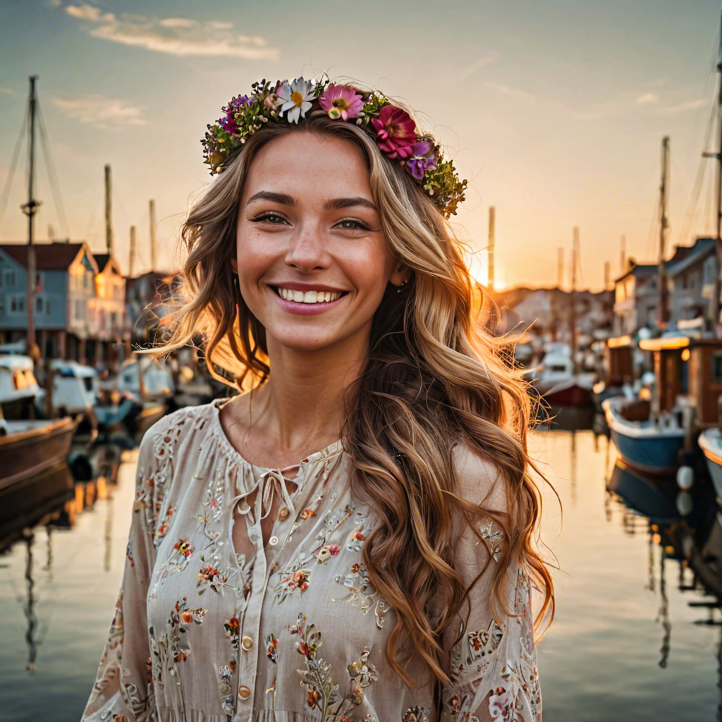 a joyful woman with flowers woven in her hair, standing in a harbor town at sunset, soft cinematic lighting, detailed — image 19