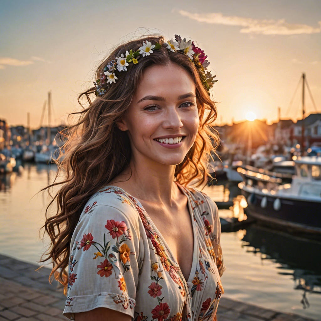 a joyful woman with flowers woven in her hair, standing in a harbor town at sunset, soft cinematic lighting, detailed — image 20