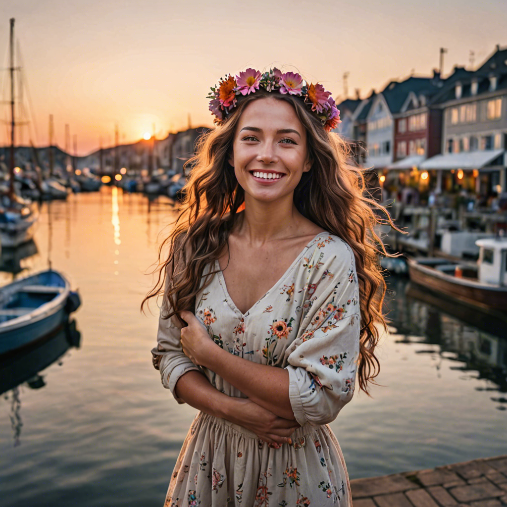 a joyful woman with flowers woven in her hair, standing in a harbor town at sunset, soft cinematic lighting, detailed — image 21