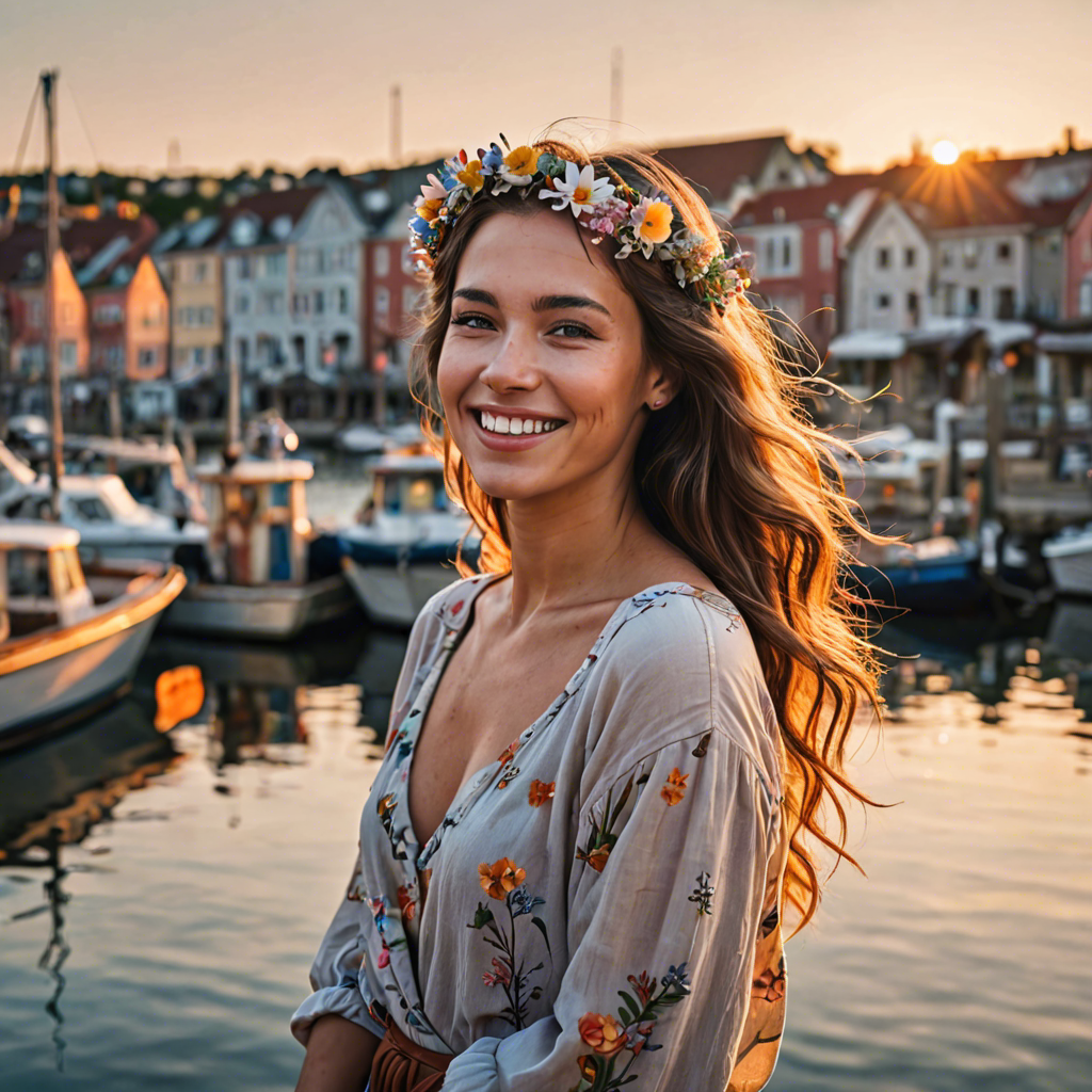 a joyful woman with flowers woven in her hair, standing in a harbor town at sunset, soft cinematic lighting, detailed — image 22