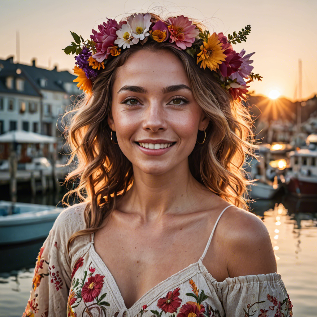 a joyful woman with flowers woven in her hair, standing in a harbor town at sunset, soft cinematic lighting, detailed — image 23