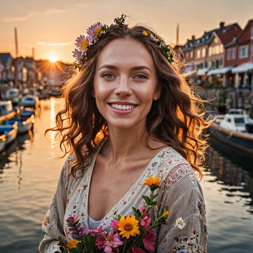 a joyful woman with flowers woven in her hair, standing in a harbor town at sunset, soft cinematic lighting, detailed — image 24