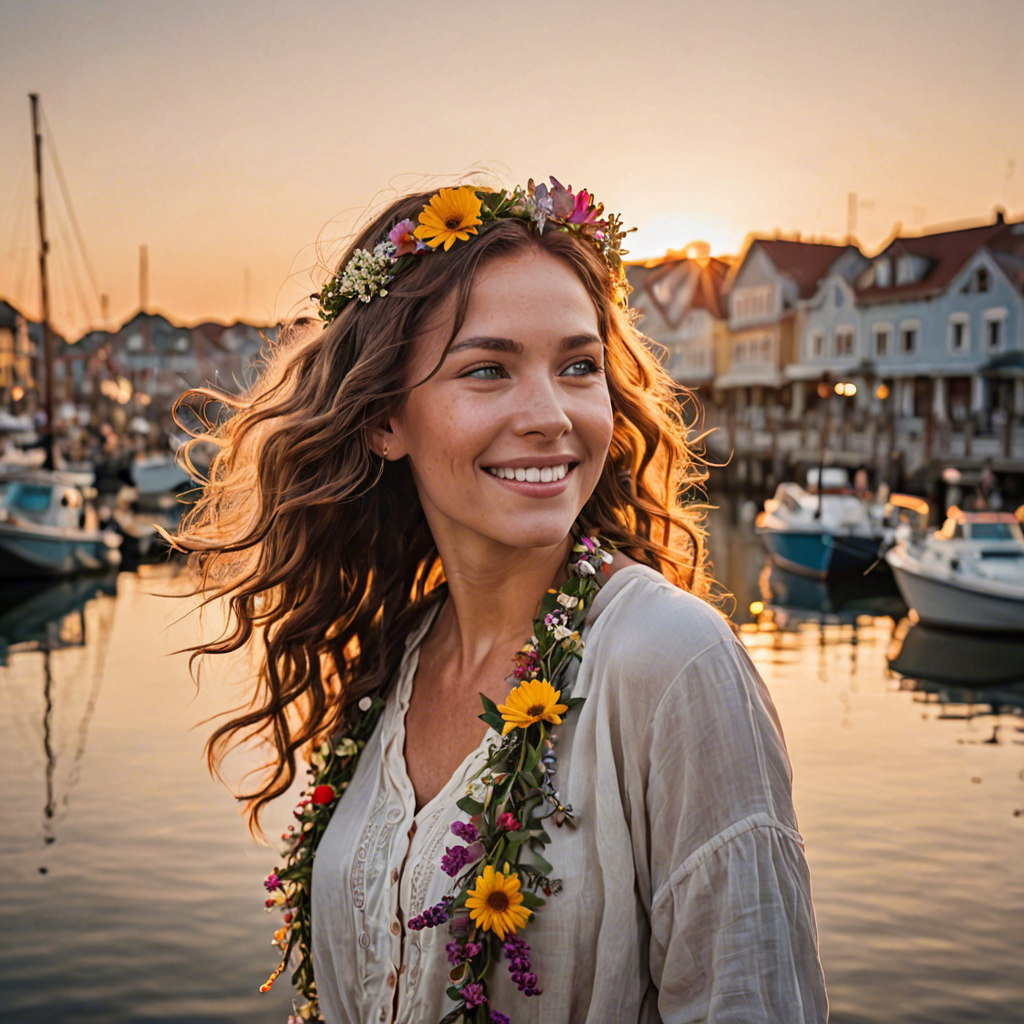 a joyful woman with flowers woven in her hair, standing in a harbor town at sunset, soft cinematic lighting, detailed — image 25