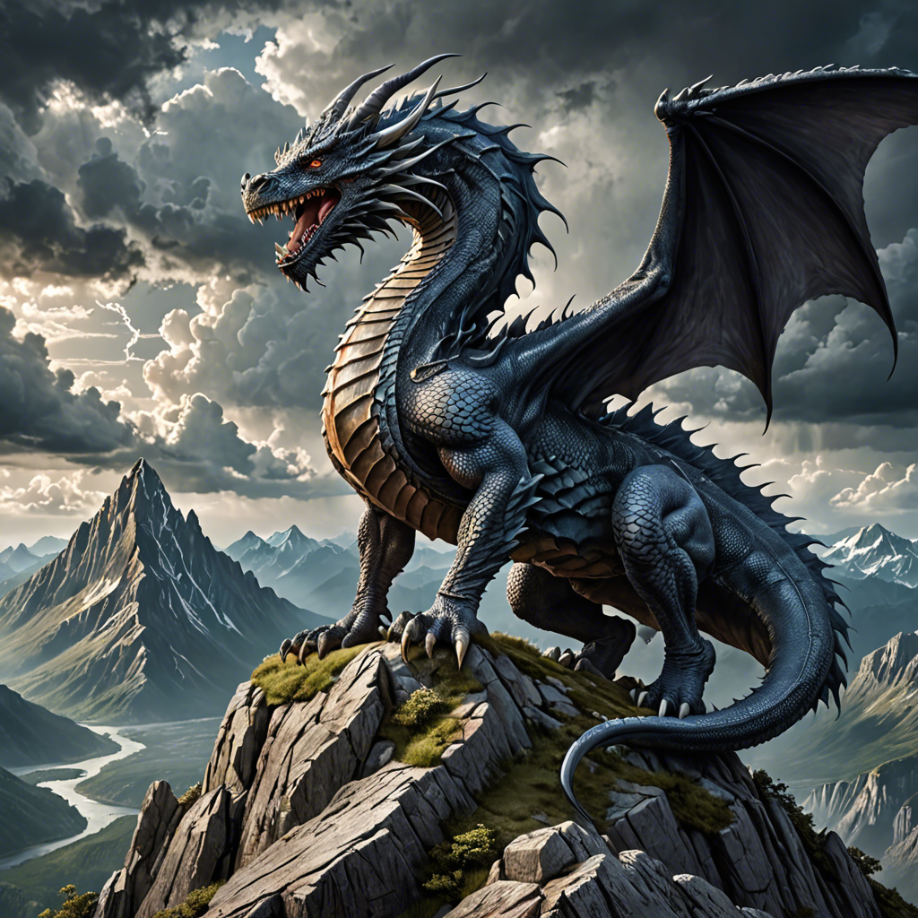 a majestic dragon perched on a mountain peak, storm clouds, epic fantasy, highly detailed — image 1