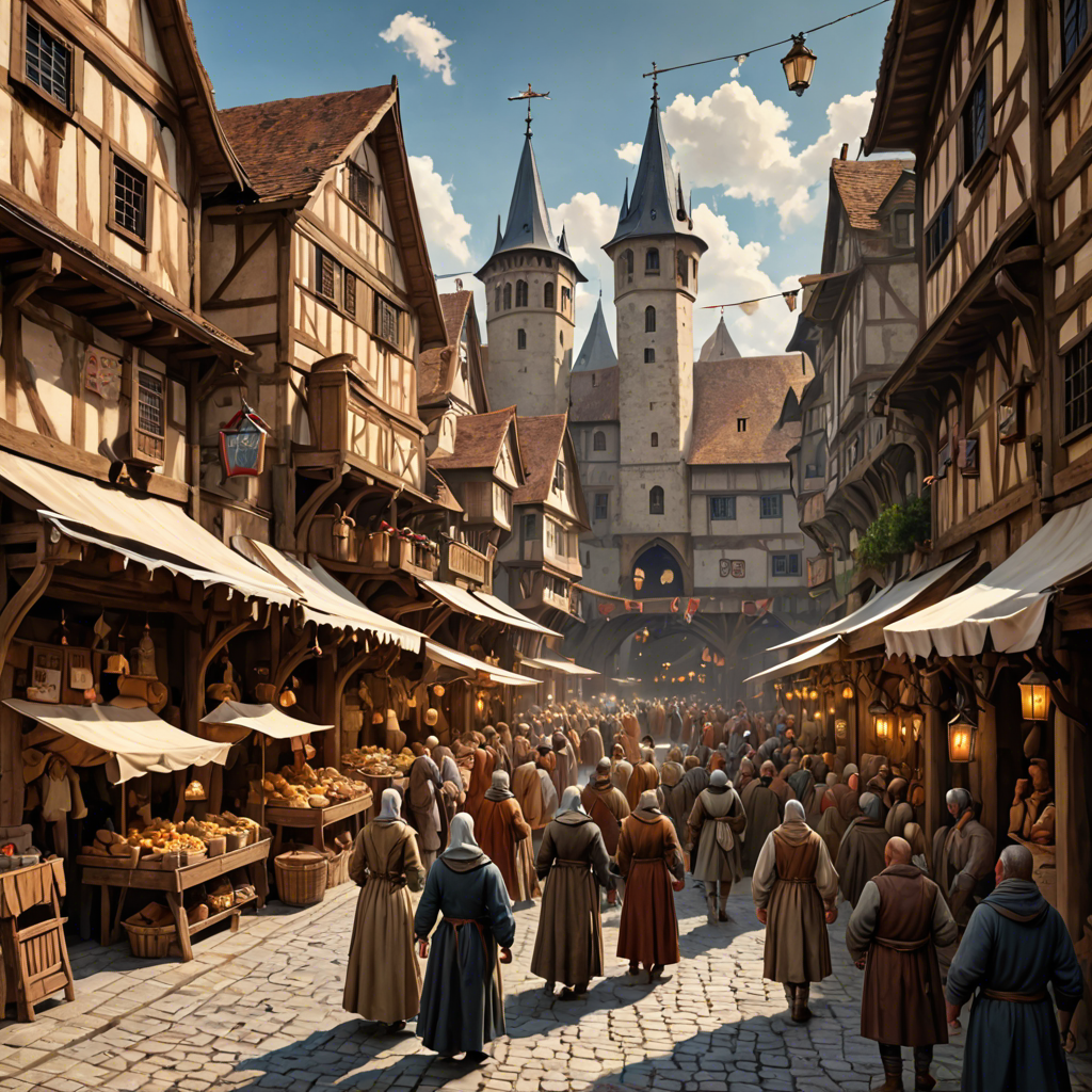 a medieval market street with wooden stalls, lanterns, busy crowd, painterly, detailed — image 1