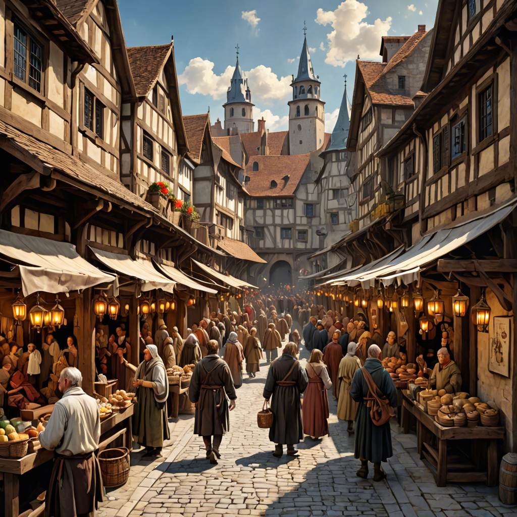 a medieval market street with wooden stalls, lanterns, busy crowd, painterly, detailed — image 2