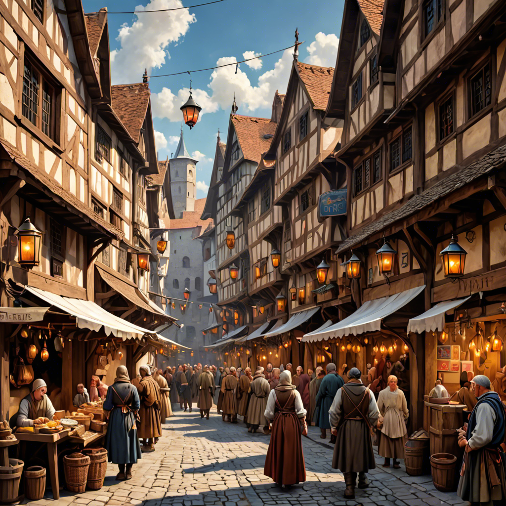 a medieval market street with wooden stalls, lanterns, busy crowd, painterly, detailed — image 3