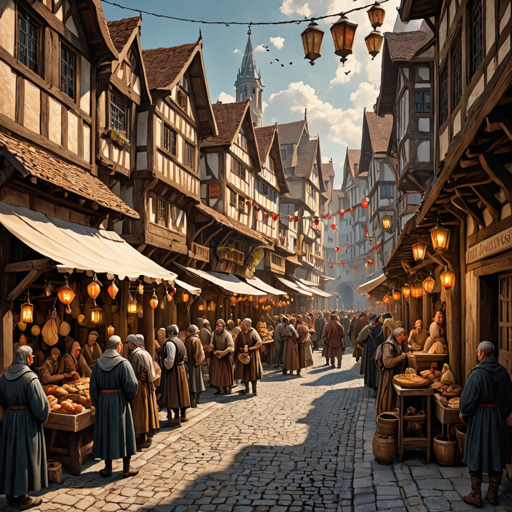 a medieval market street with wooden stalls, lanterns, busy crowd, painterly, detailed — image 4