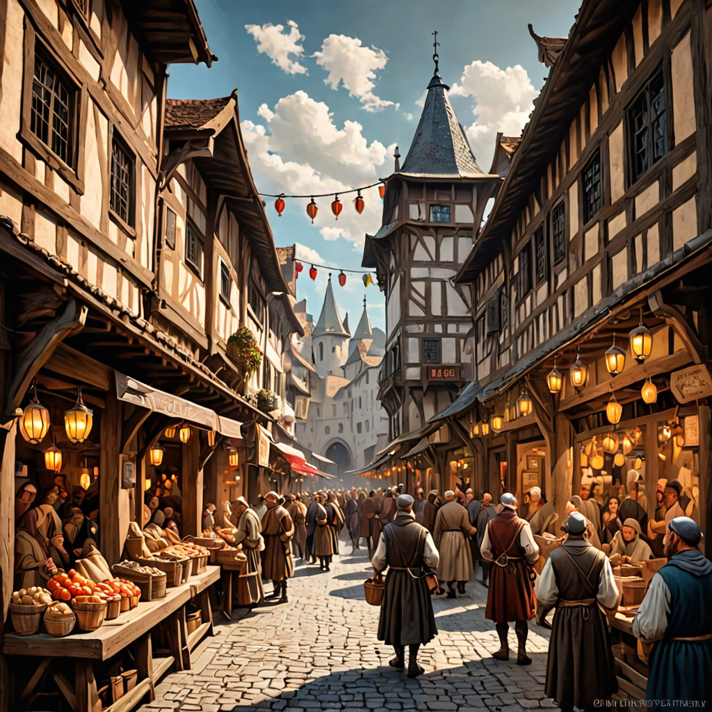 a medieval market street with wooden stalls, lanterns, busy crowd, painterly, detailed — image 5