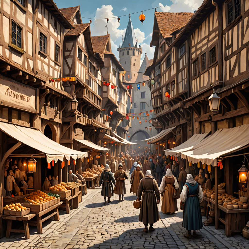 a medieval market street with wooden stalls, lanterns, busy crowd, painterly, detailed — image 6