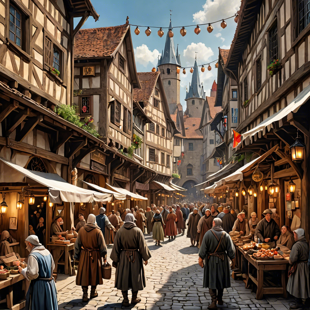 a medieval market street with wooden stalls, lanterns, busy crowd, painterly, detailed — image 7