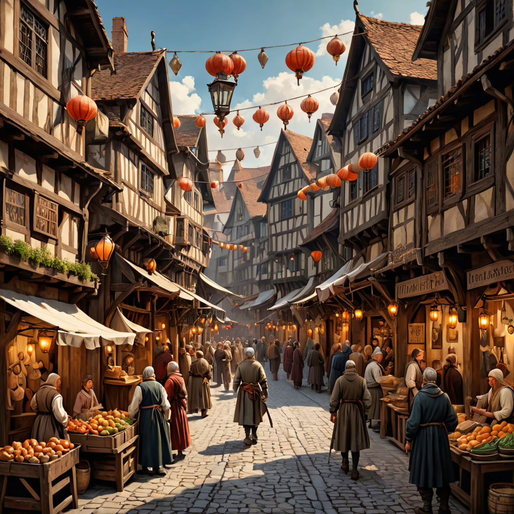 a medieval market street with wooden stalls, lanterns, busy crowd, painterly, detailed — image 8