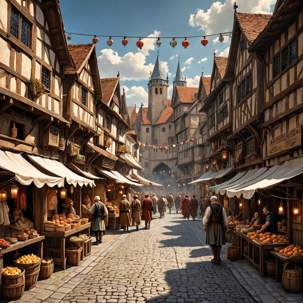 a medieval market street with wooden stalls, lanterns, busy crowd, painterly, detailed — image 9