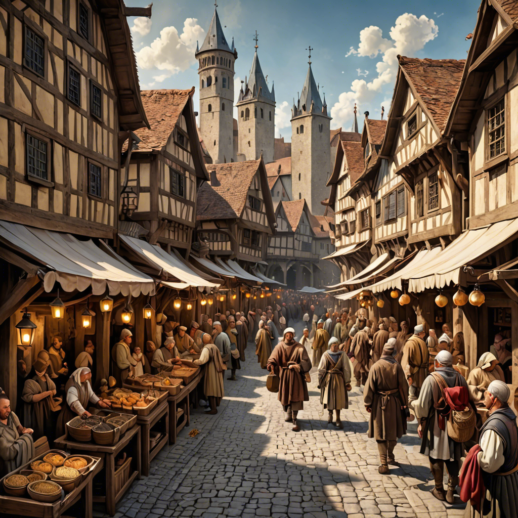 a medieval market street with wooden stalls, lanterns, busy crowd, painterly, detailed — image 10