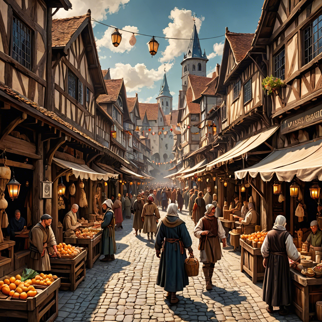 a medieval market street with wooden stalls, lanterns, busy crowd, painterly, detailed — image 11