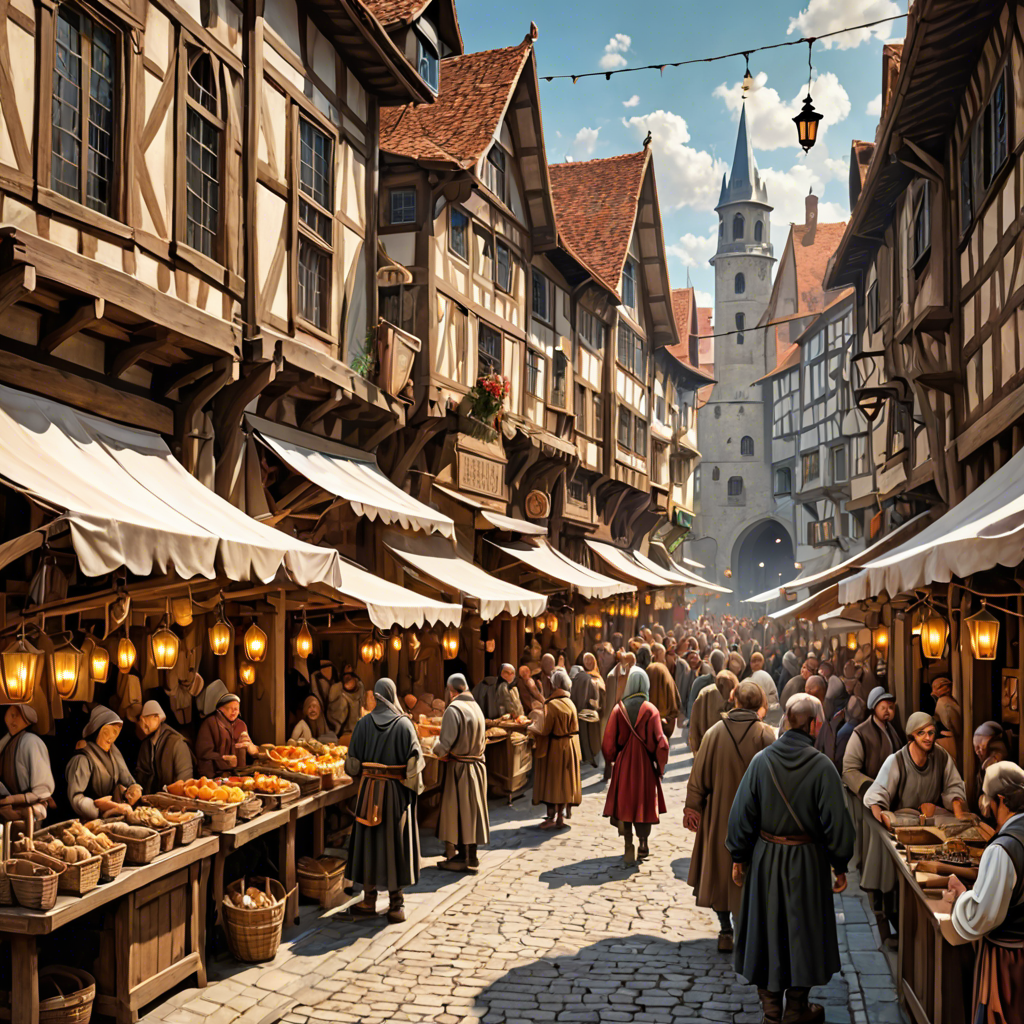 a medieval market street with wooden stalls, lanterns, busy crowd, painterly, detailed — image 12