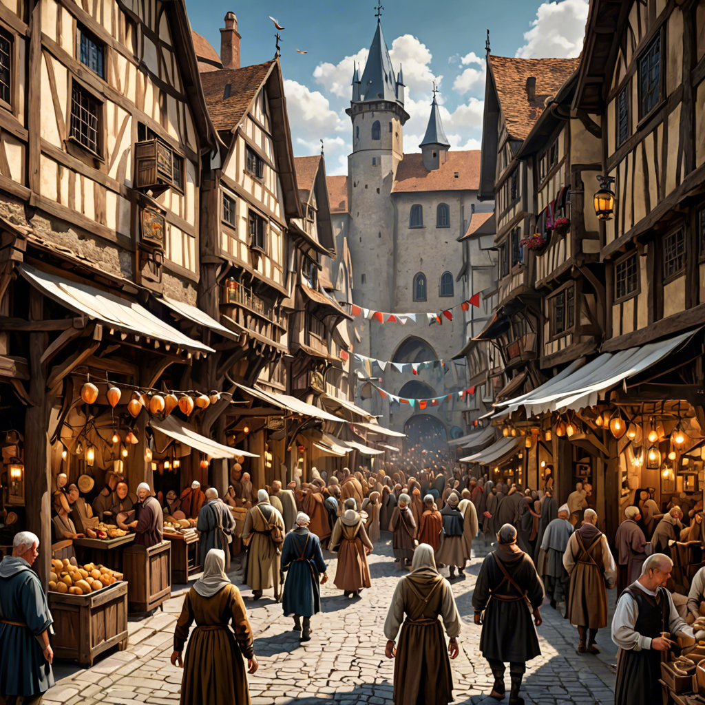 a medieval market street with wooden stalls, lanterns, busy crowd, painterly, detailed — image 13
