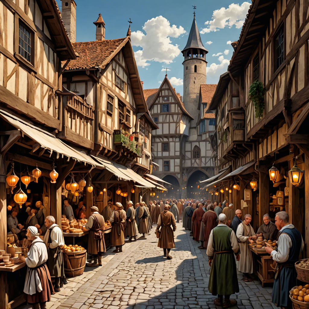 a medieval market street with wooden stalls, lanterns, busy crowd, painterly, detailed — image 14