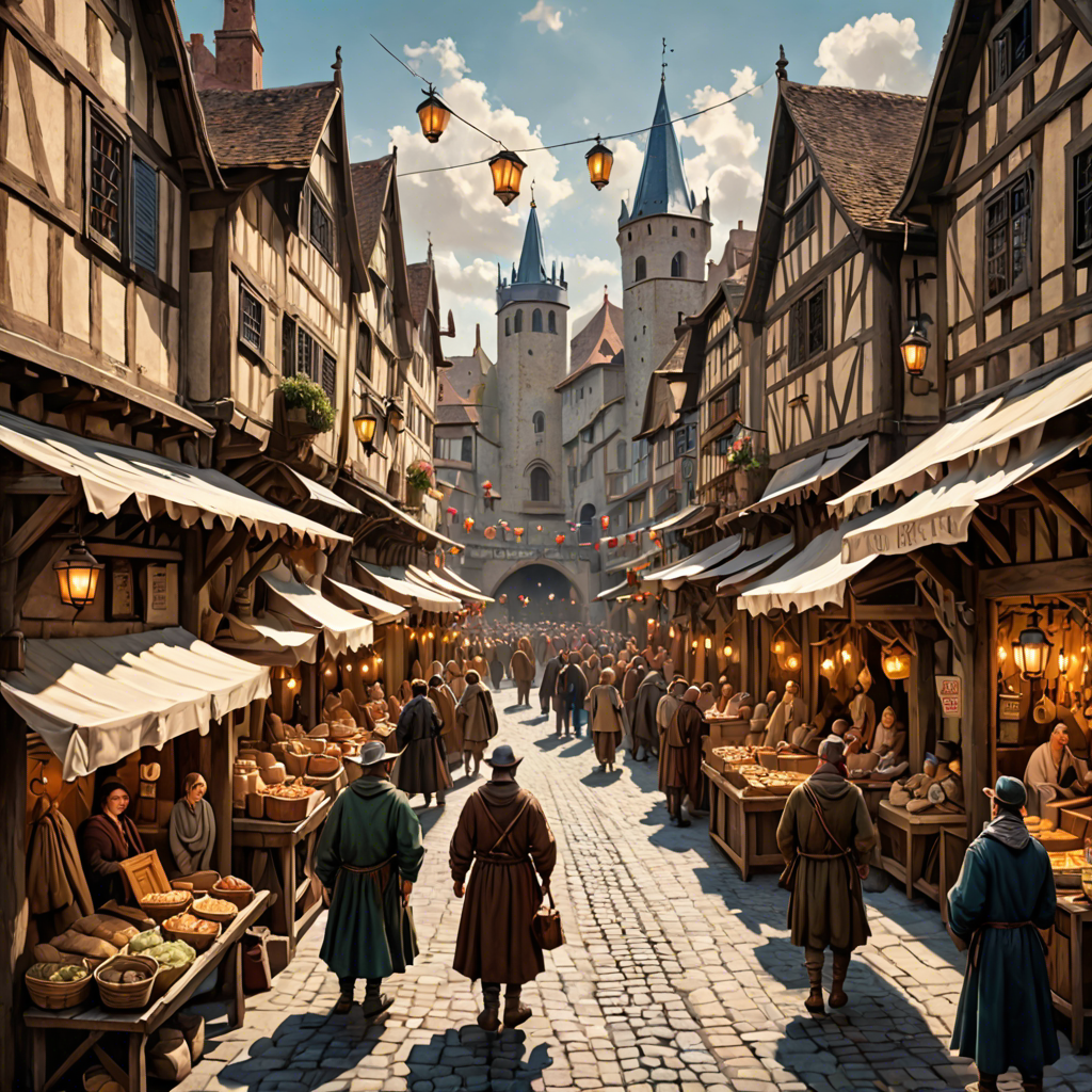 a medieval market street with wooden stalls, lanterns, busy crowd, painterly, detailed — image 15