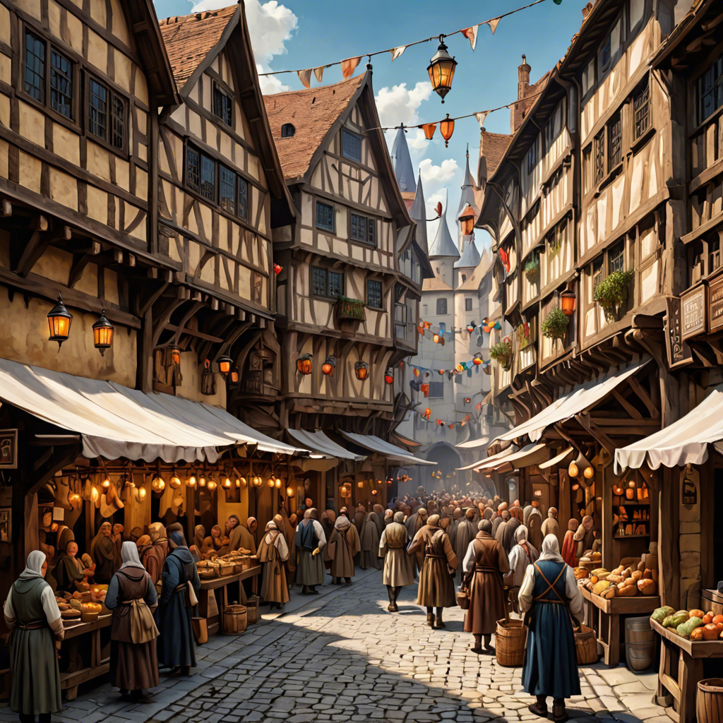 a medieval market street with wooden stalls, lanterns, busy crowd, painterly, detailed — image 16