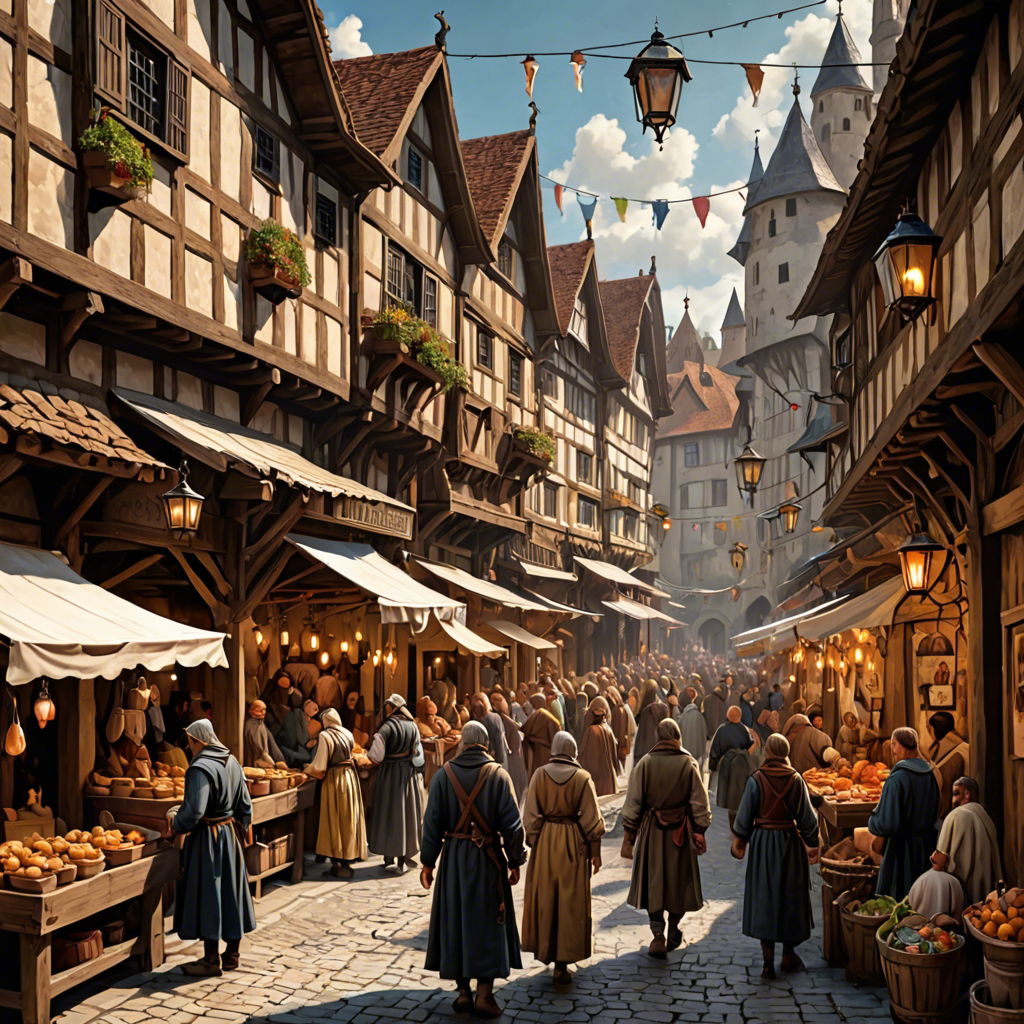 a medieval market street with wooden stalls, lanterns, busy crowd, painterly, detailed — image 17