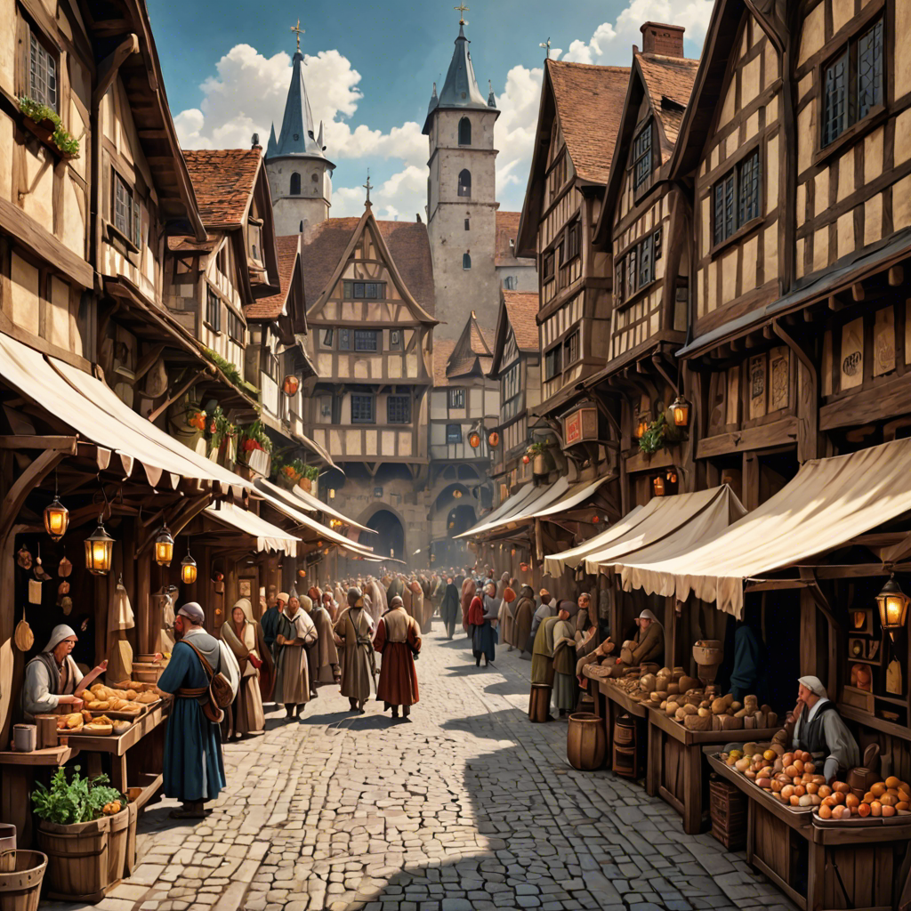 a medieval market street with wooden stalls, lanterns, busy crowd, painterly, detailed — image 18