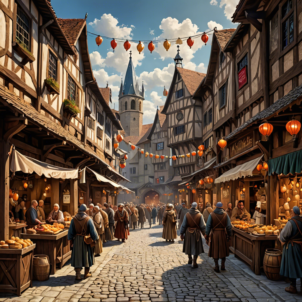 a medieval market street with wooden stalls, lanterns, busy crowd, painterly, detailed — image 19