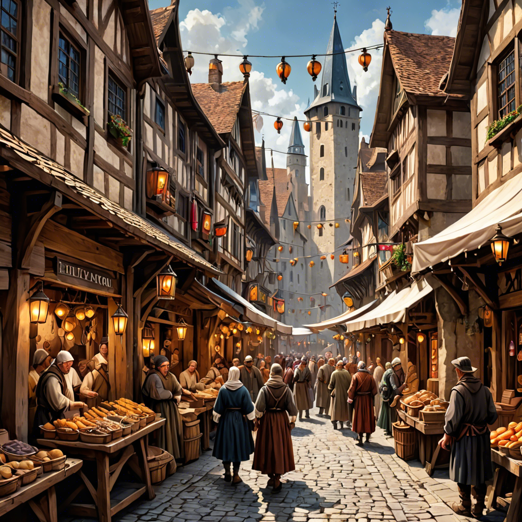 a medieval market street with wooden stalls, lanterns, busy crowd, painterly, detailed — image 20
