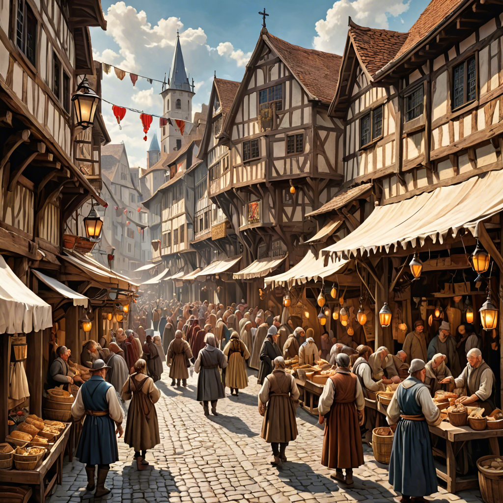 a medieval market street with wooden stalls, lanterns, busy crowd, painterly, detailed — image 21
