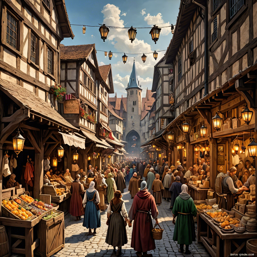 a medieval market street with wooden stalls, lanterns, busy crowd, painterly, detailed — image 22
