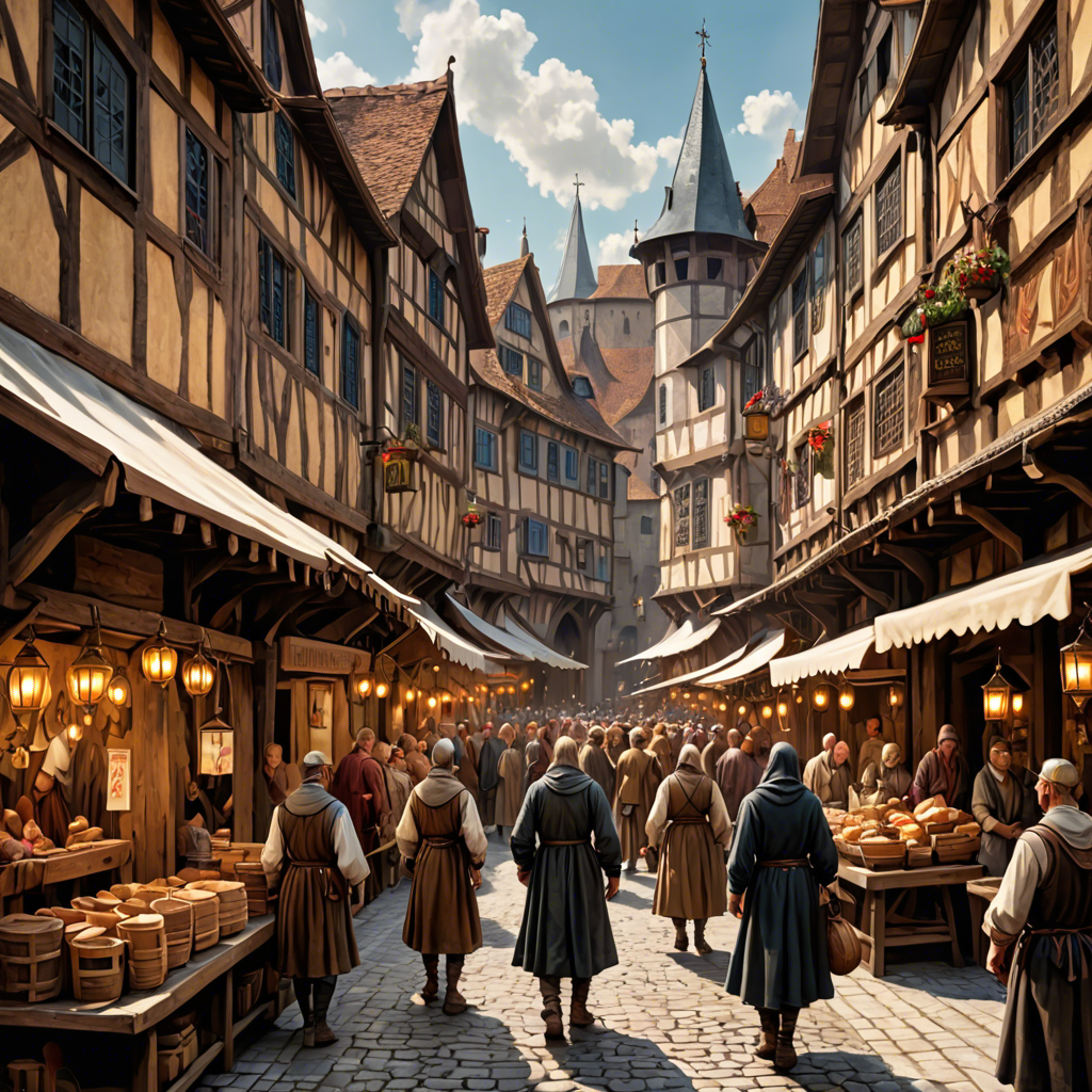 a medieval market street with wooden stalls, lanterns, busy crowd, painterly, detailed — image 23