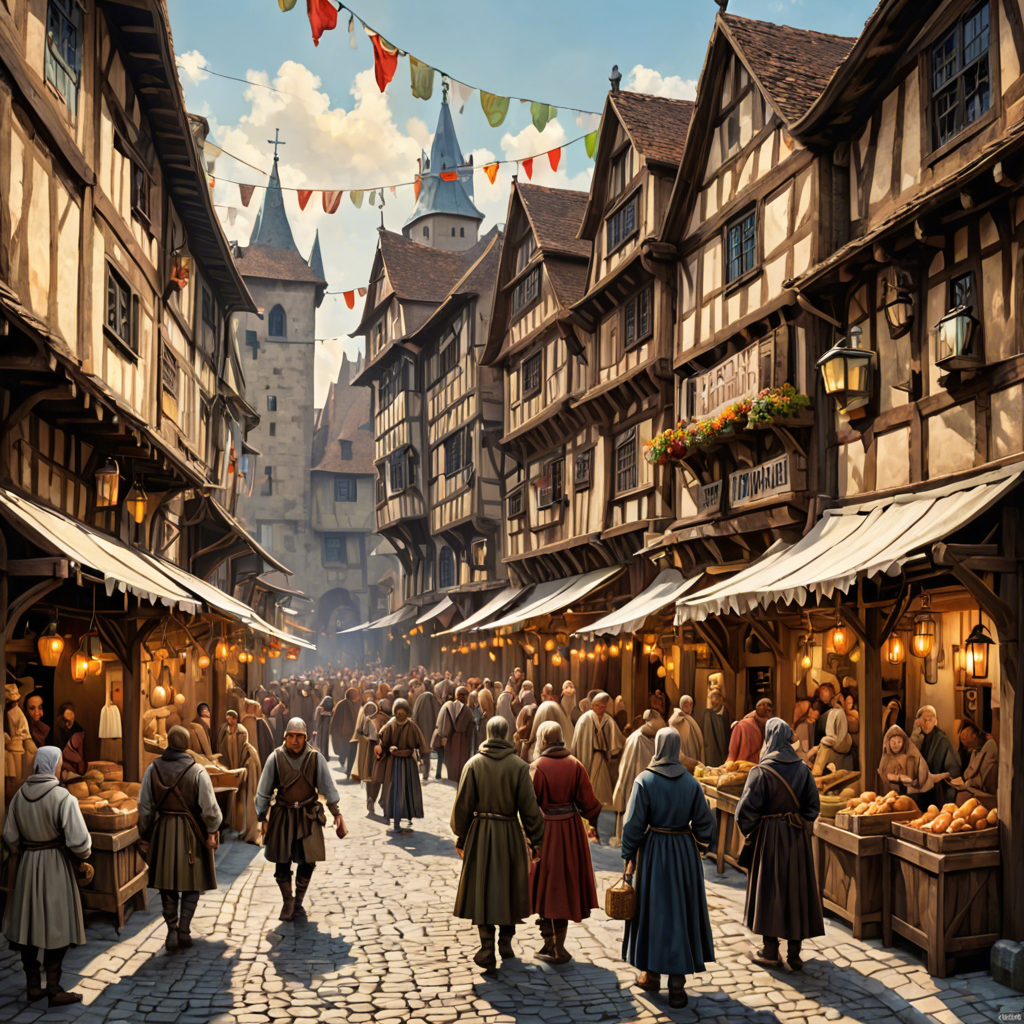 a medieval market street with wooden stalls, lanterns, busy crowd, painterly, detailed — image 24