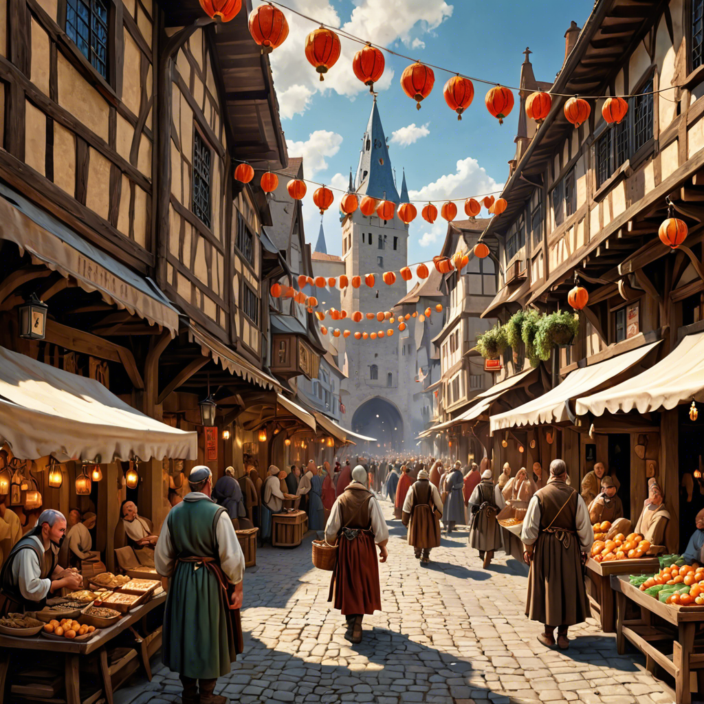 a medieval market street with wooden stalls, lanterns, busy crowd, painterly, detailed — image 25