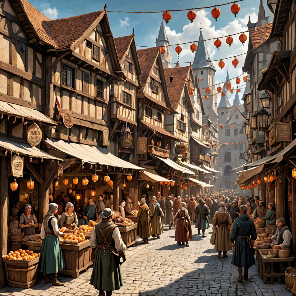 a medieval market street with wooden stalls, lanterns, busy crowd, painterly, detailed — image 2