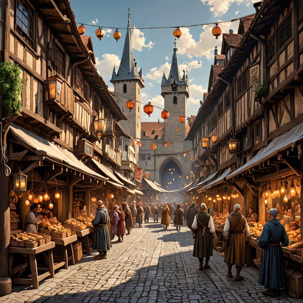a medieval market street with wooden stalls, lanterns, busy crowd, painterly, detailed — image 3
