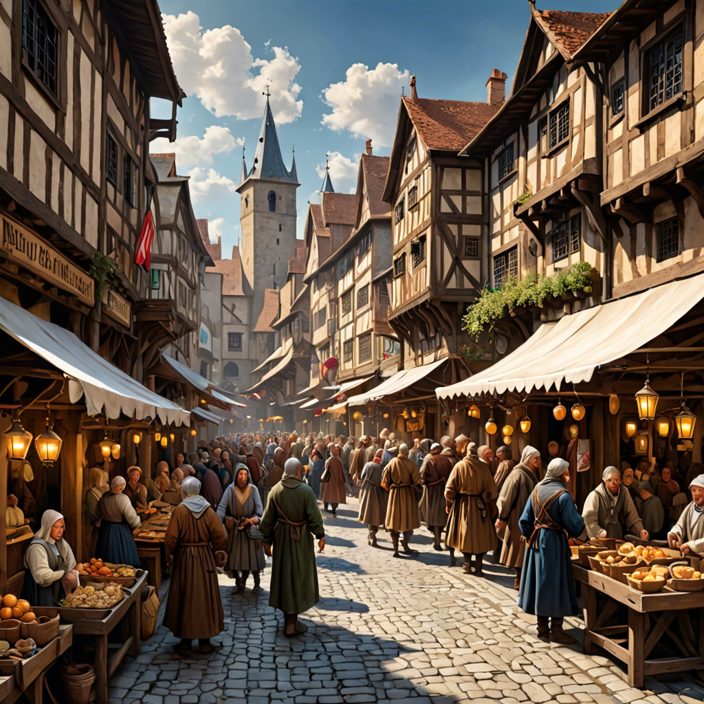 a medieval market street with wooden stalls, lanterns, busy crowd, painterly, detailed — image 4