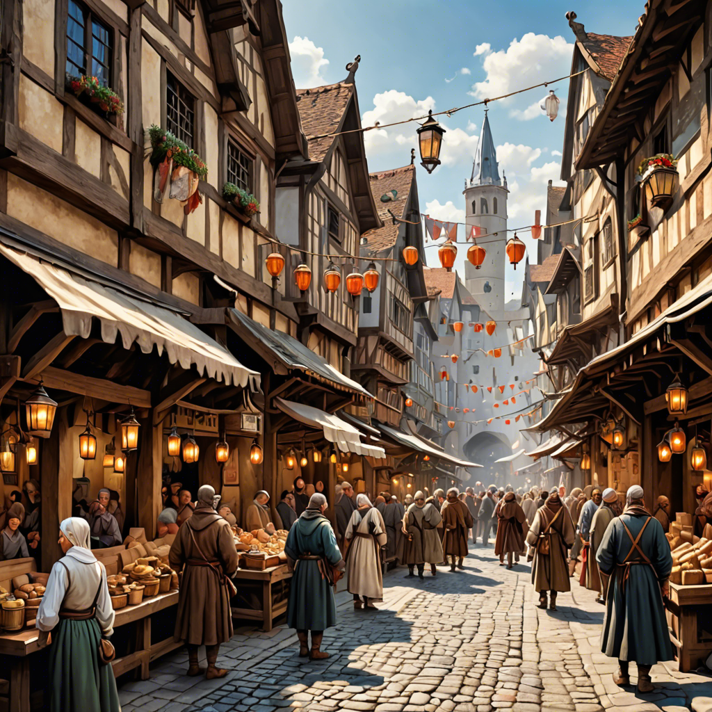 a medieval market street with wooden stalls, lanterns, busy crowd, painterly, detailed — image 1