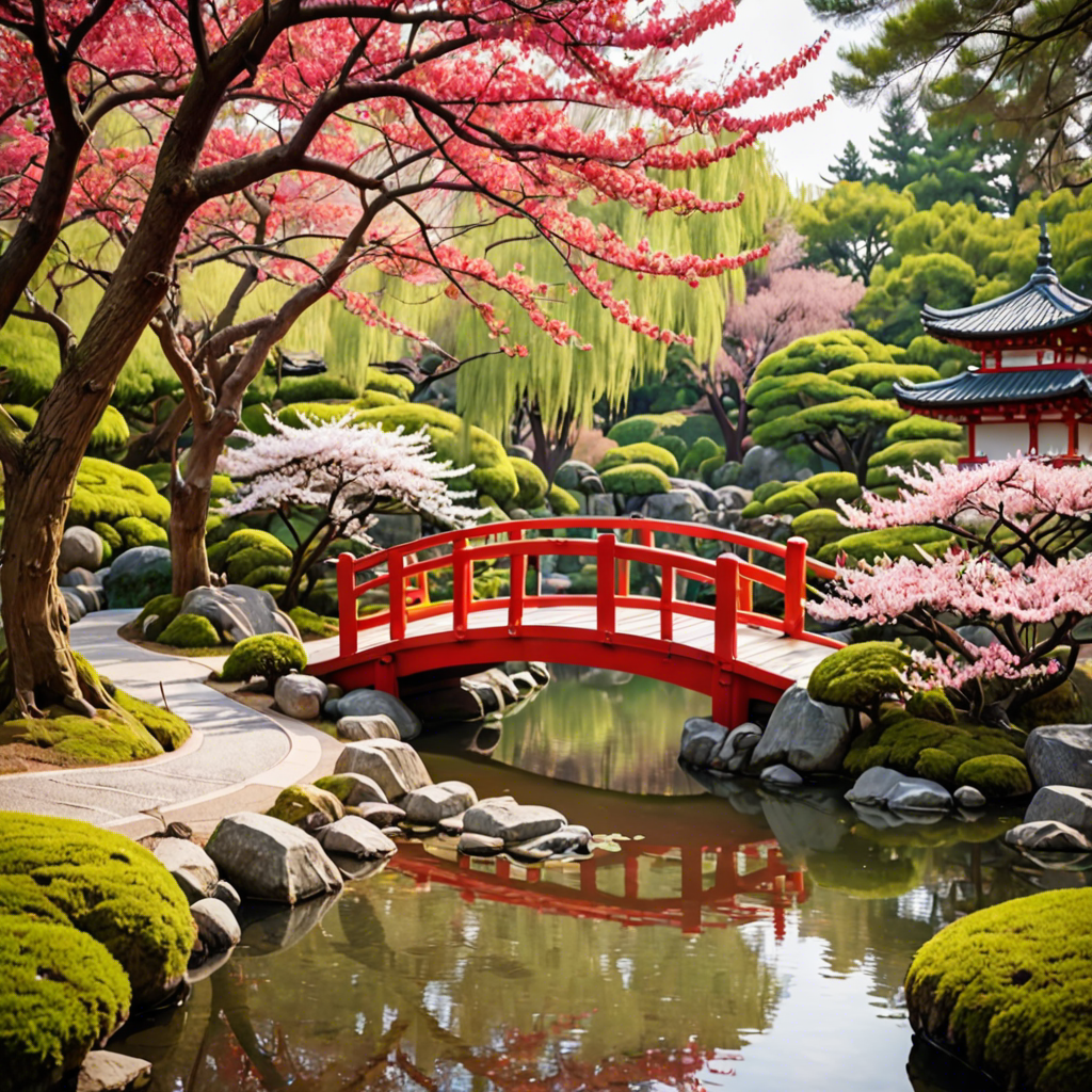 a peaceful japanese garden with a red bridge and cherry blossoms, soft light, detailed — image 1