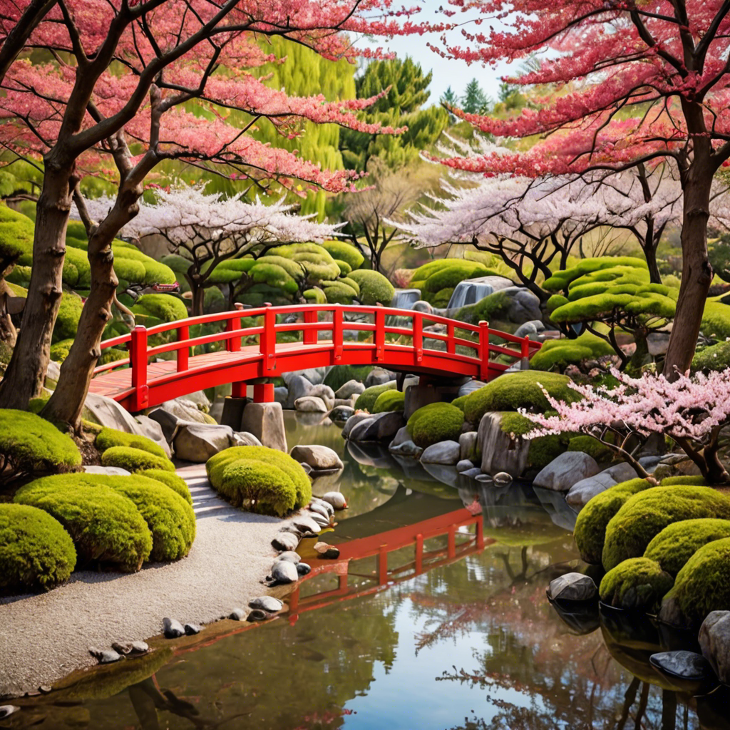a peaceful japanese garden with a red bridge and cherry blossoms, soft light, detailed — image 2