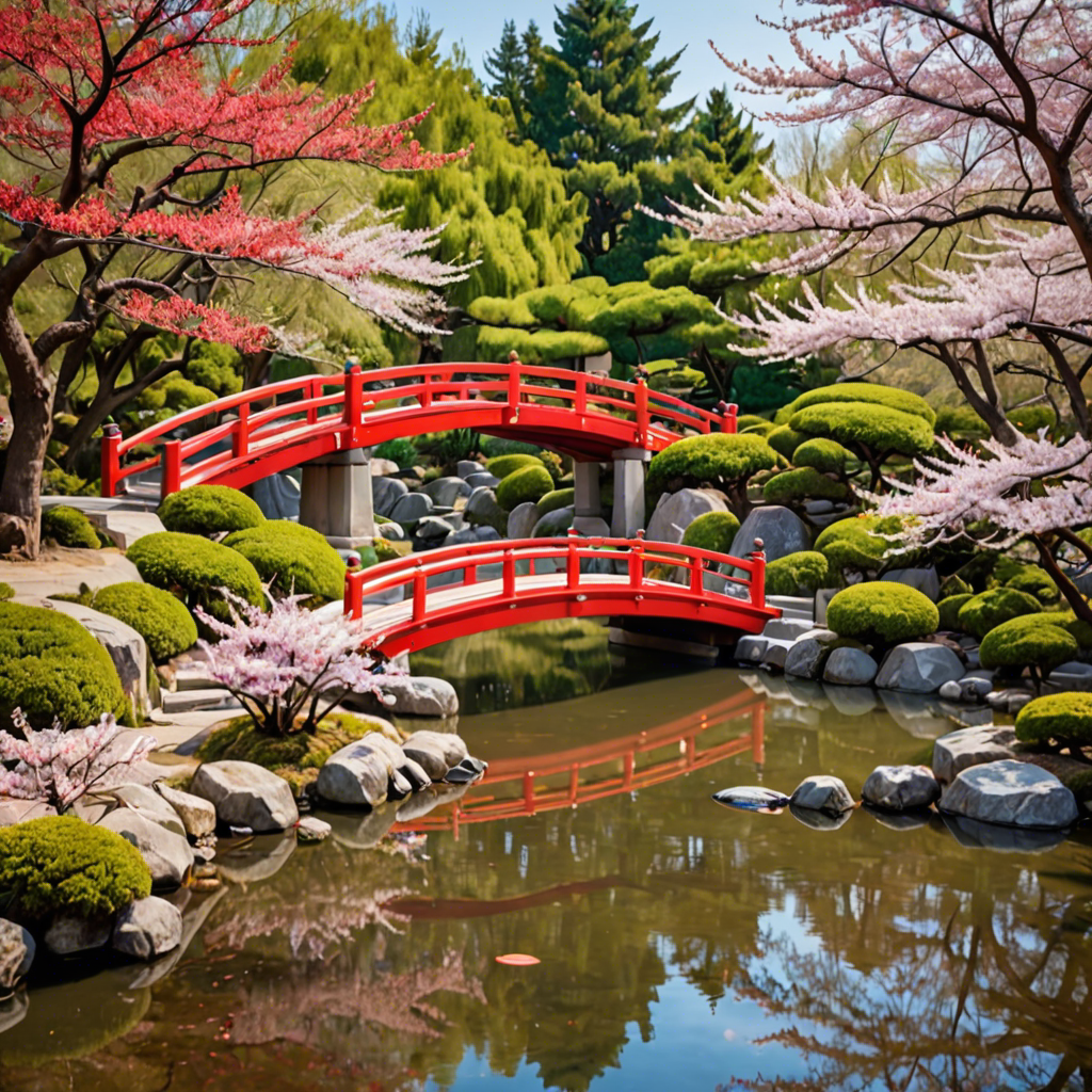 a peaceful japanese garden with a red bridge and cherry blossoms, soft light, detailed — image 3