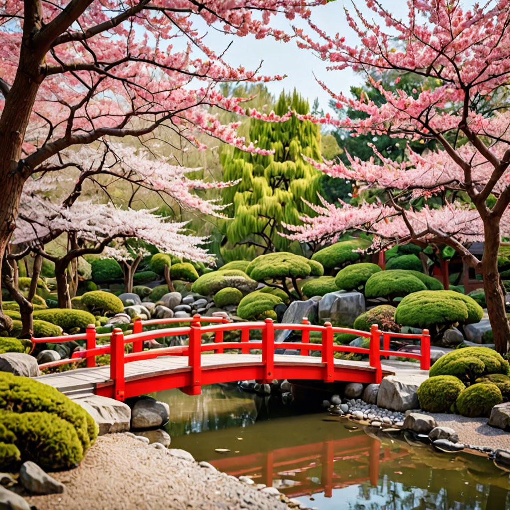 a peaceful japanese garden with a red bridge and cherry blossoms, soft light, detailed — image 5