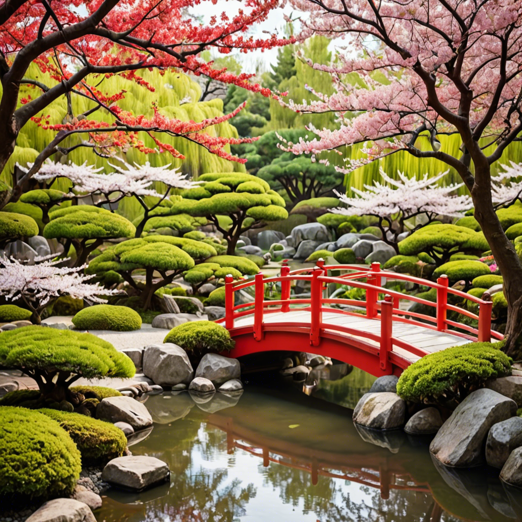 a peaceful japanese garden with a red bridge and cherry blossoms, soft light, detailed — image 6