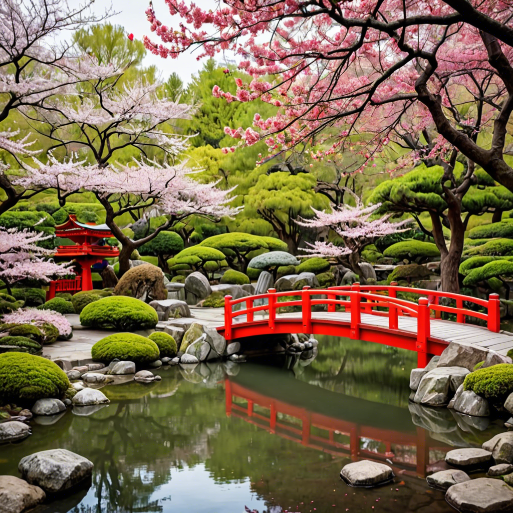 a peaceful japanese garden with a red bridge and cherry blossoms, soft light, detailed — image 7