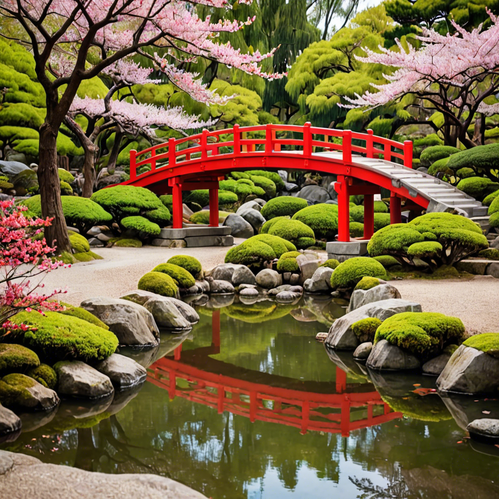 a peaceful japanese garden with a red bridge and cherry blossoms, soft light, detailed — image 8