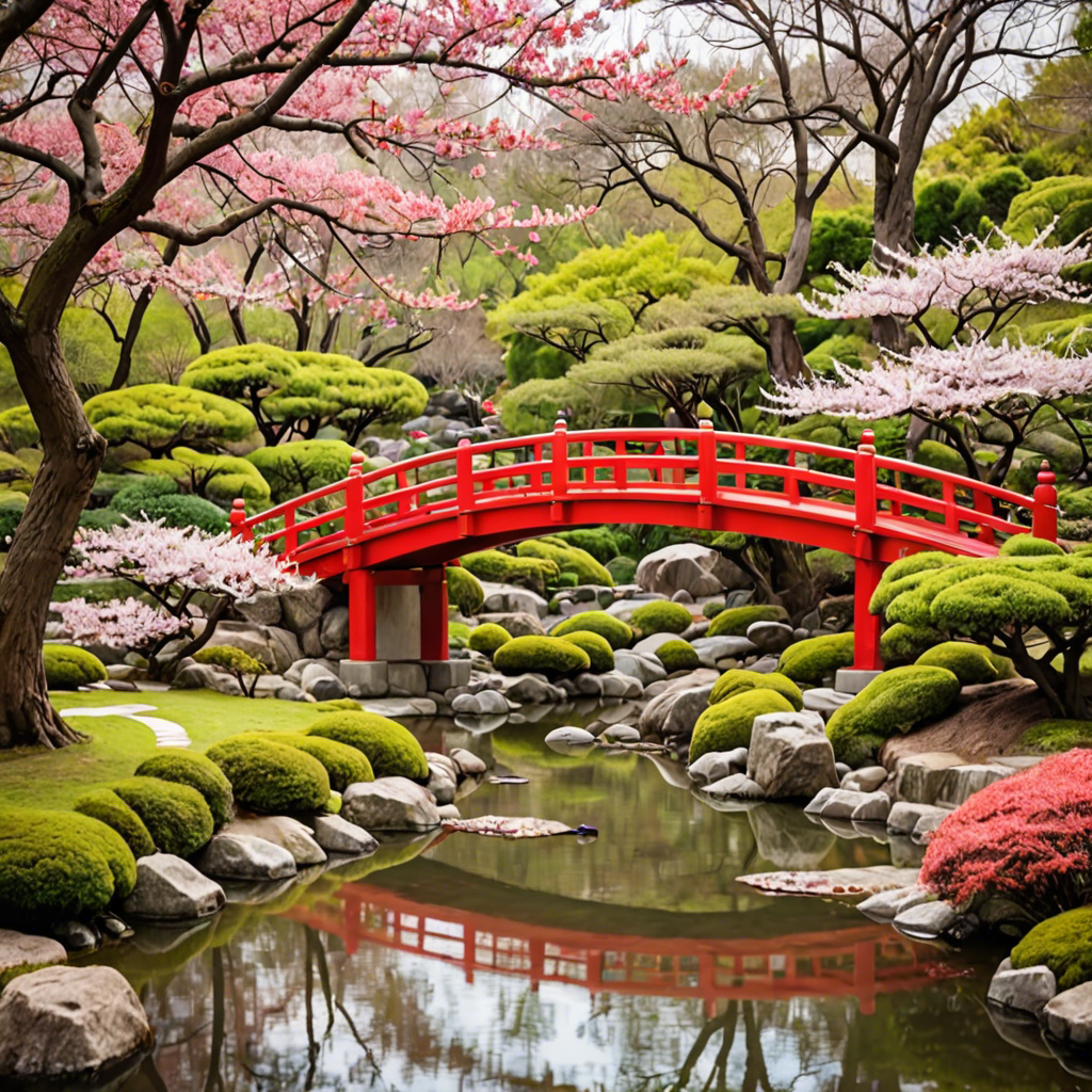 a peaceful japanese garden with a red bridge and cherry blossoms, soft light, detailed — image 9