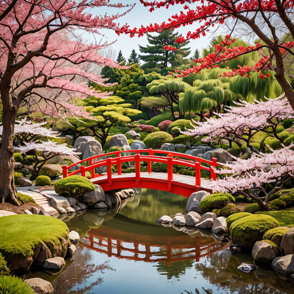 a peaceful japanese garden with a red bridge and cherry blossoms, soft light, detailed — image 10