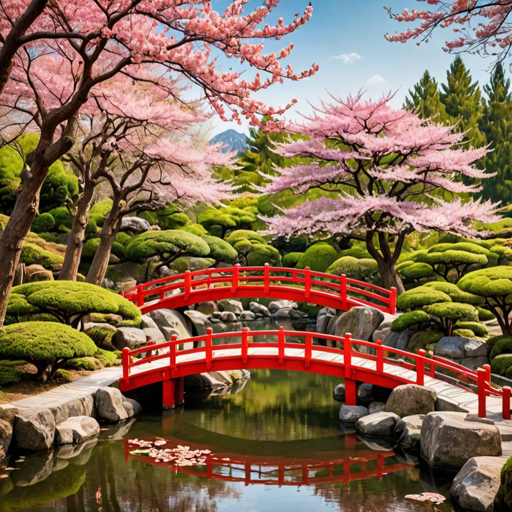 a peaceful japanese garden with a red bridge and cherry blossoms, soft light, detailed — image 11